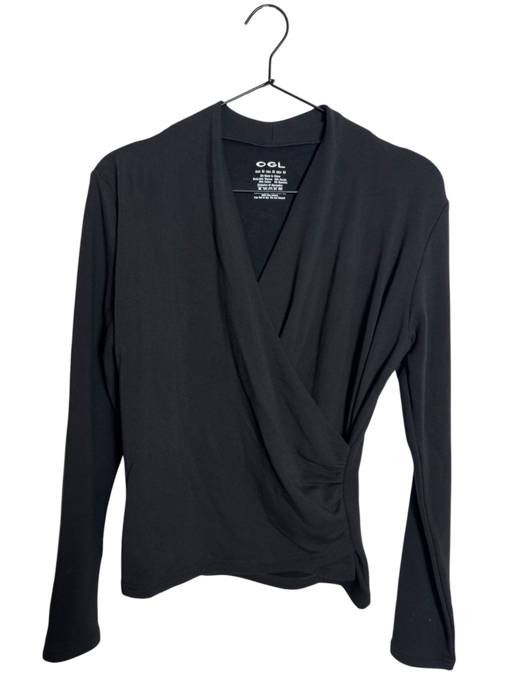 OGL Move Black Surplice Ruched Long Sleeve Wrap Top
